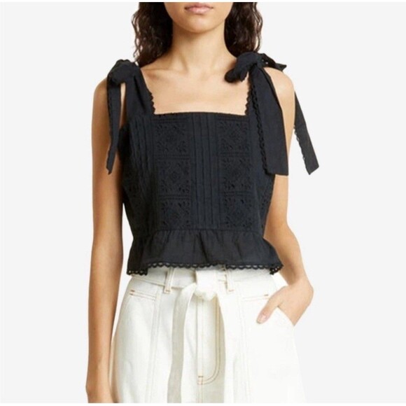 FARM Rio Ruffled Broderie Anglaise Tank Black Eyelet Tie Straps Medium $144 - Picture 1 of 12